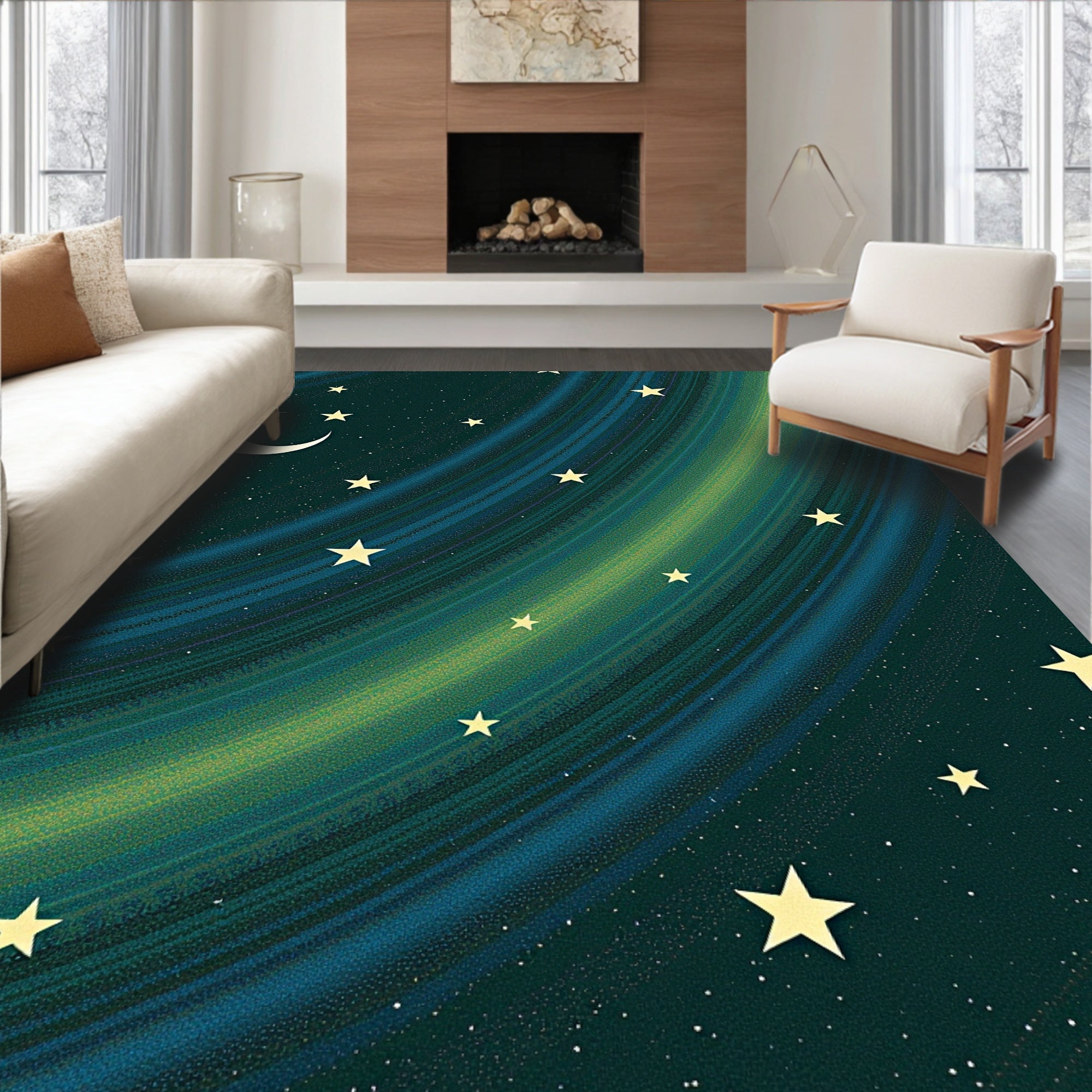 Celestial Green Swirl Moon Stars Rug