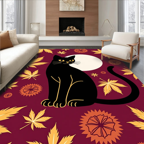 Black Cat Golden Autumn Leaves Moon Rug