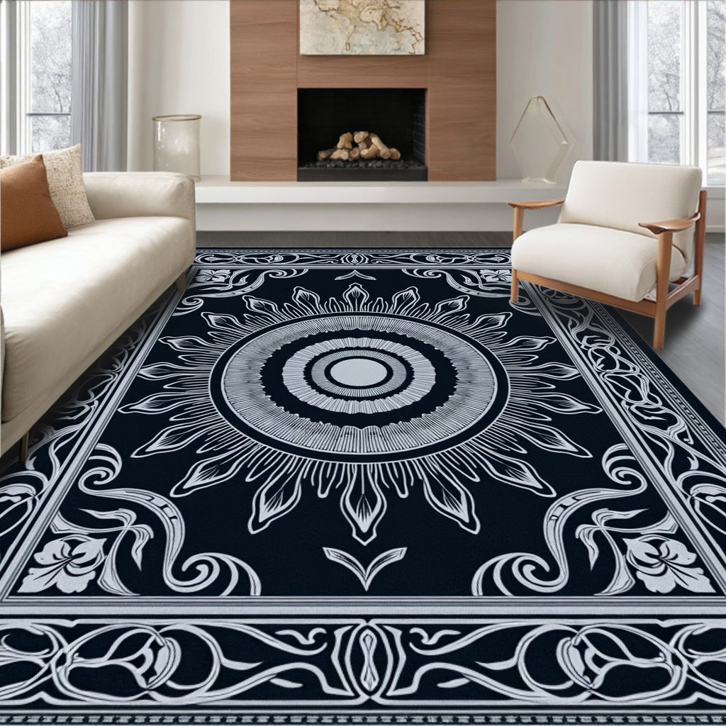 White Sunburst Medallion on Black Rug