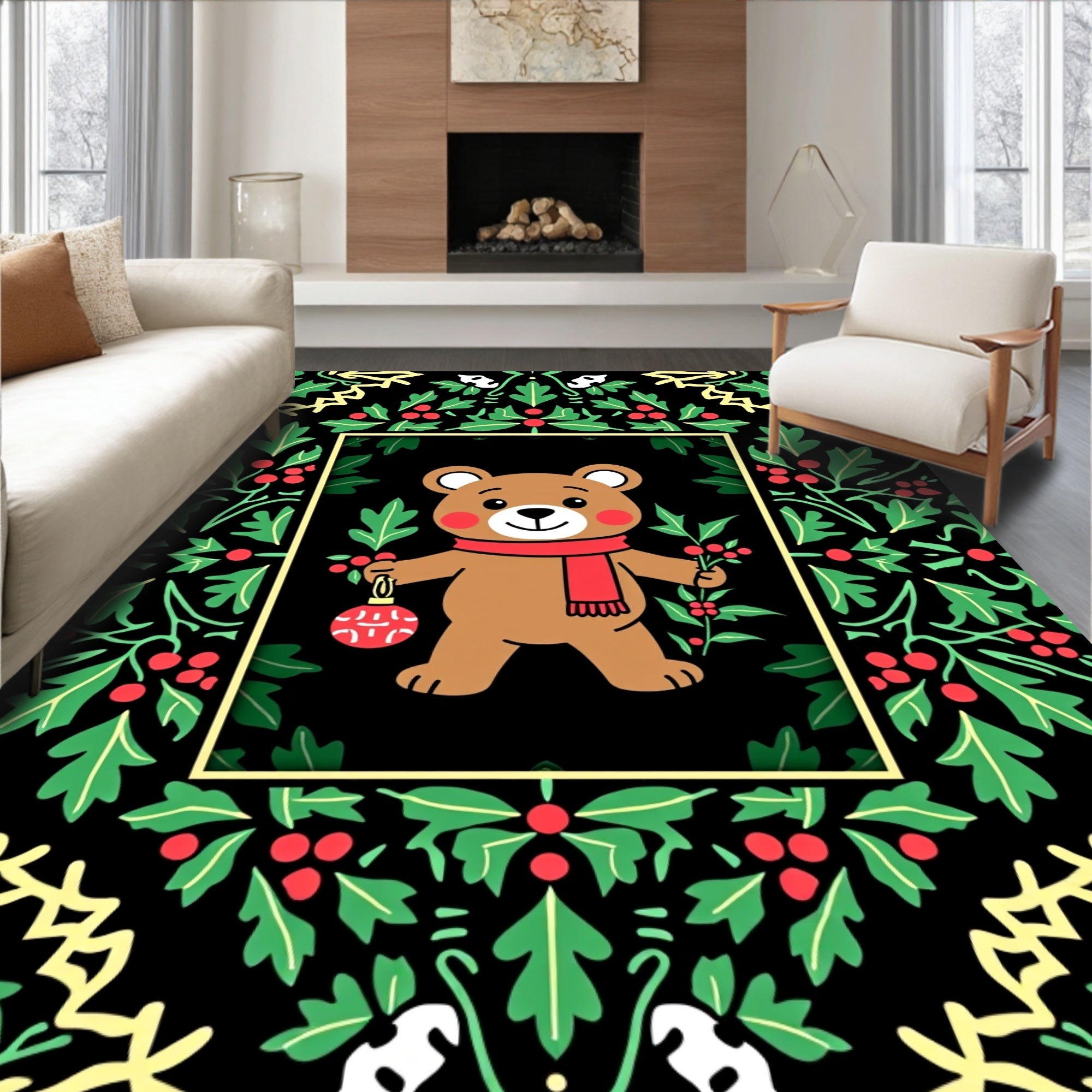 Whimsical Christmas Bear Holly Garland Rug