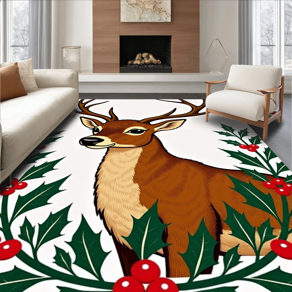 Festive Brown Deer Holly Borders Rug