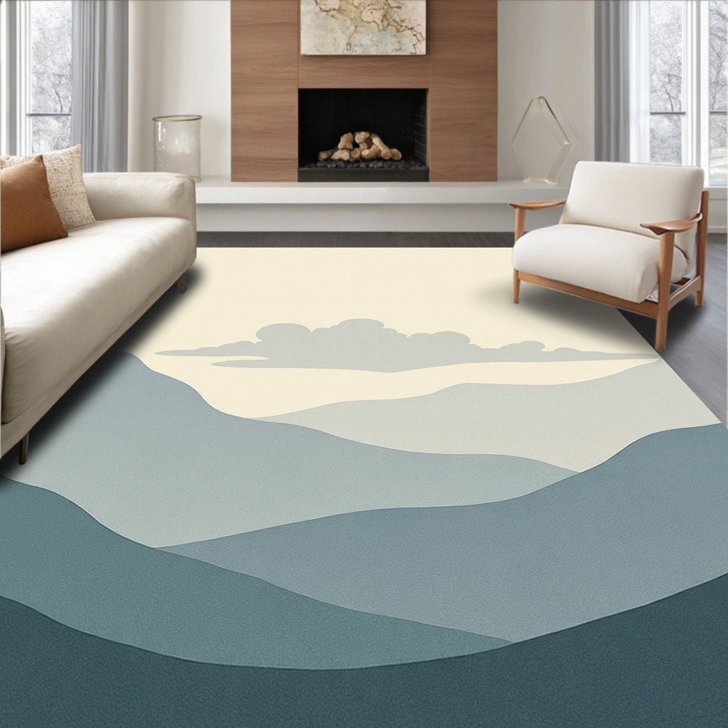 Muted Blue Layered Mountain Cloudscape Rug