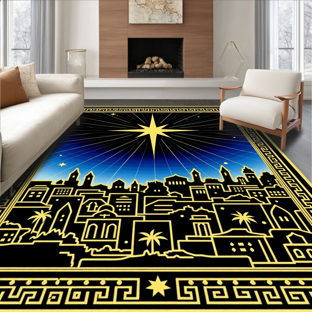 Golden Starry Night Cityscape Rug