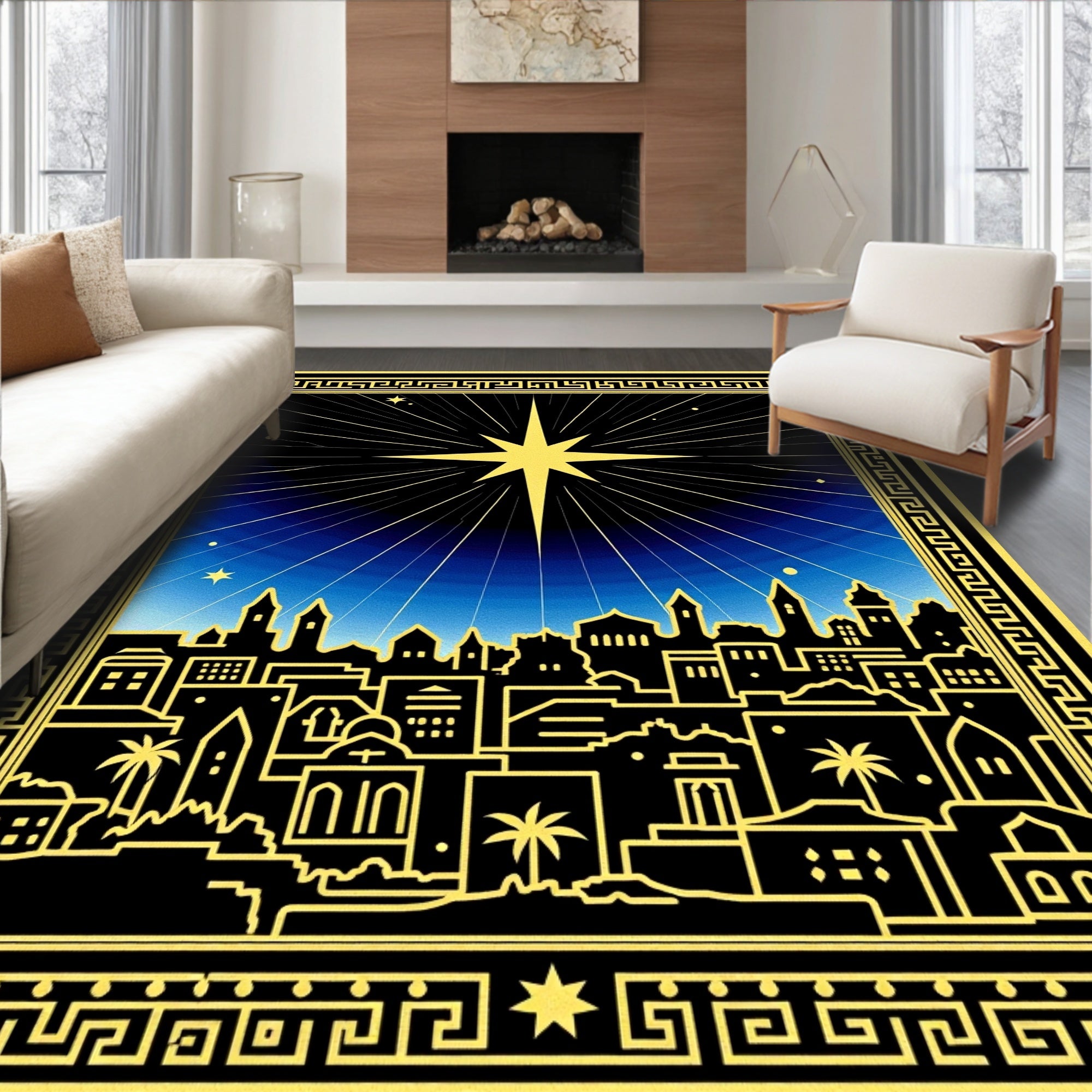Golden Starry Night Cityscape Rug