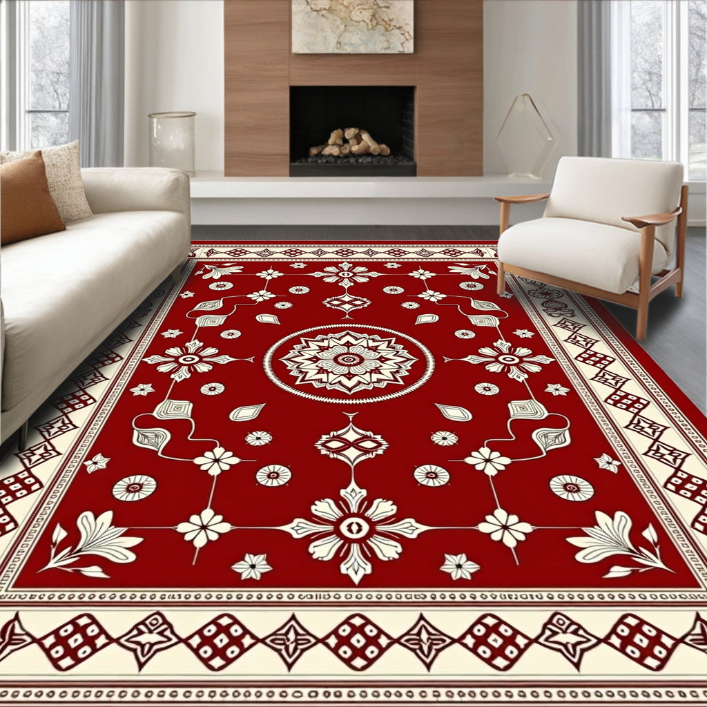 Rich Scarlet Cream Floral Border Art Rug