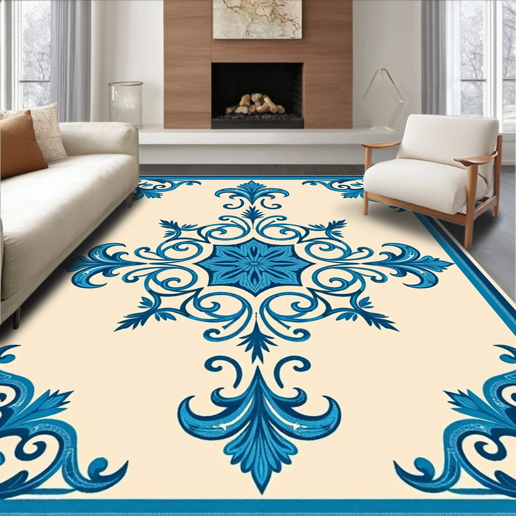 Ornate Azure Scrollwork Symmetry Rug