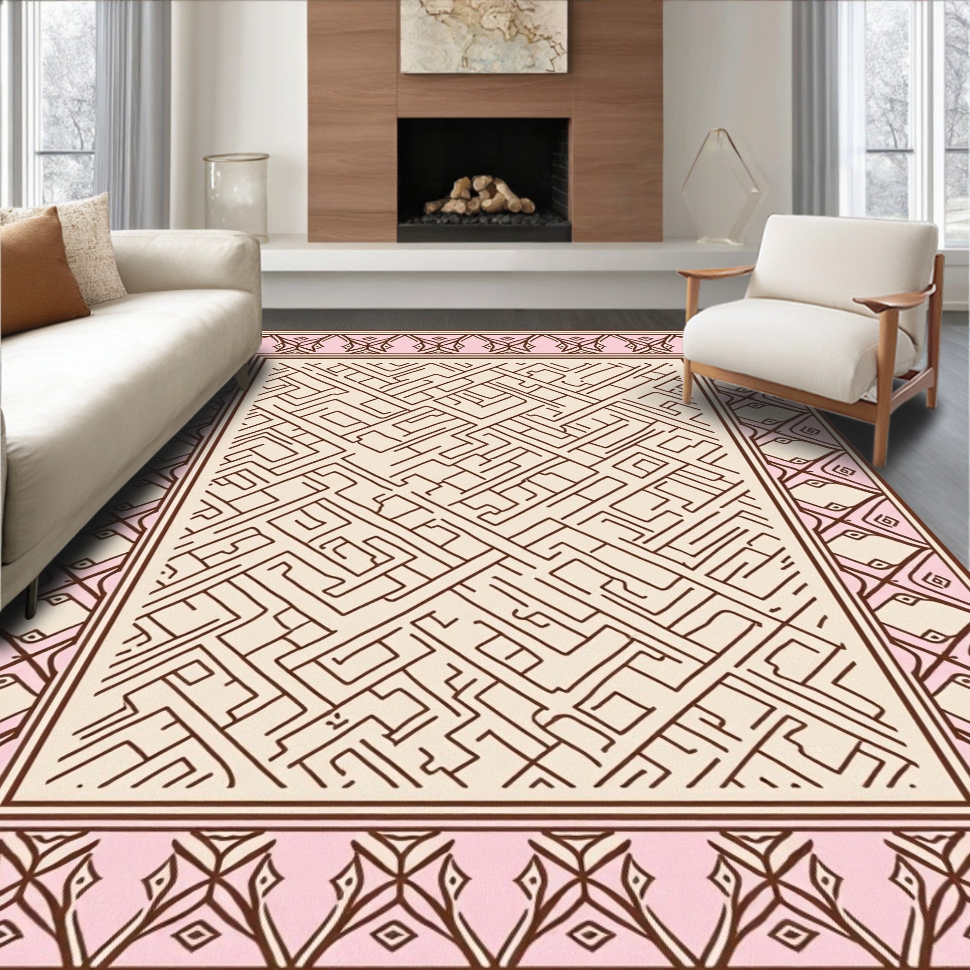 Pink Abstract Geometric Maze Rug
