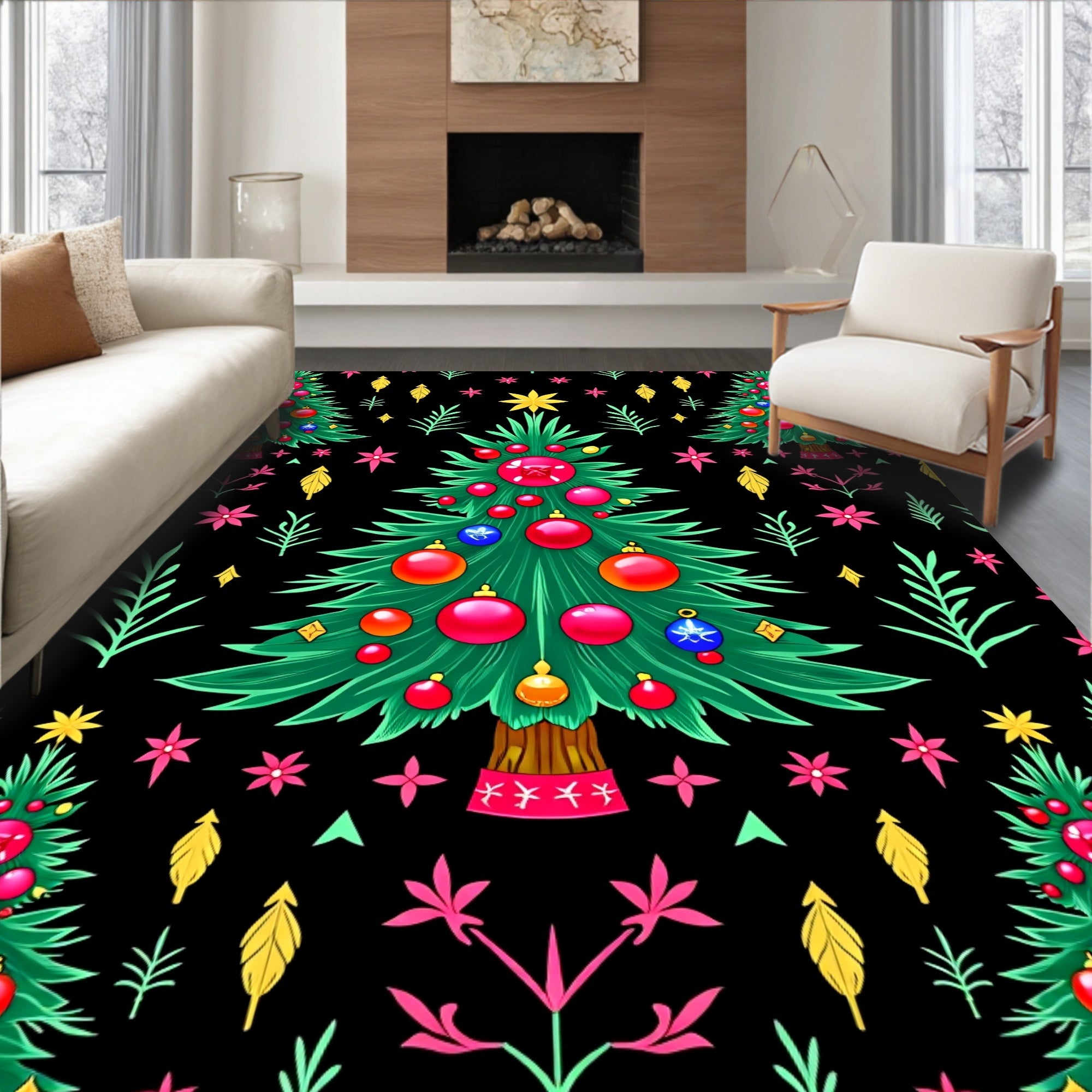 Whimsical Emerald Christmas Tree Garland Rug