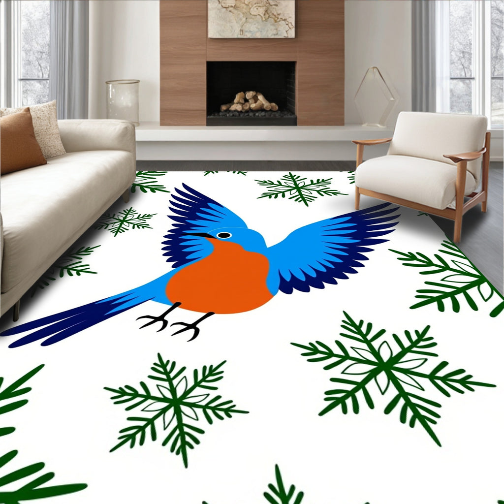 Blue Orange Bird Green Snowflakes Rug