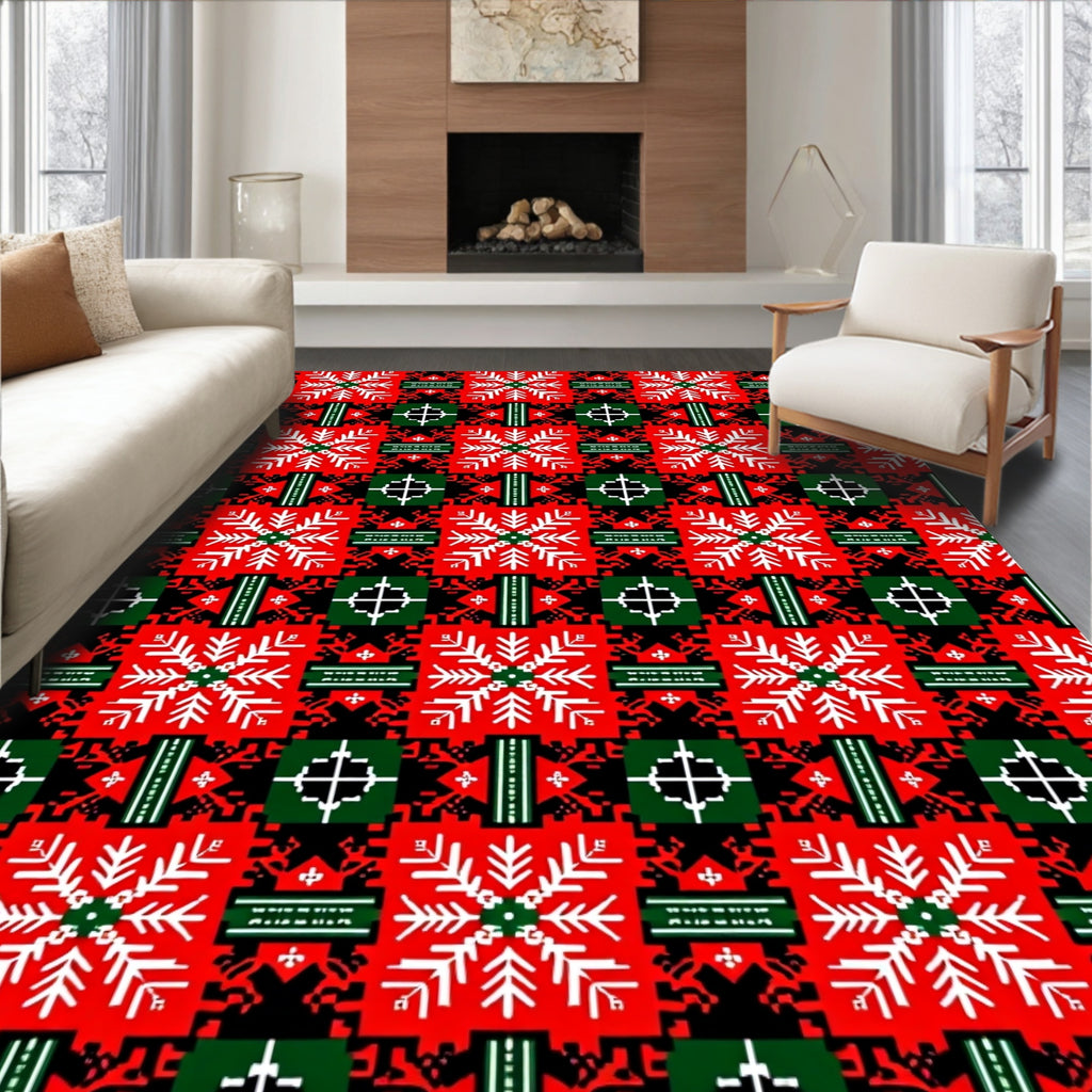 Bold Red White Geometric Snowflake Rug