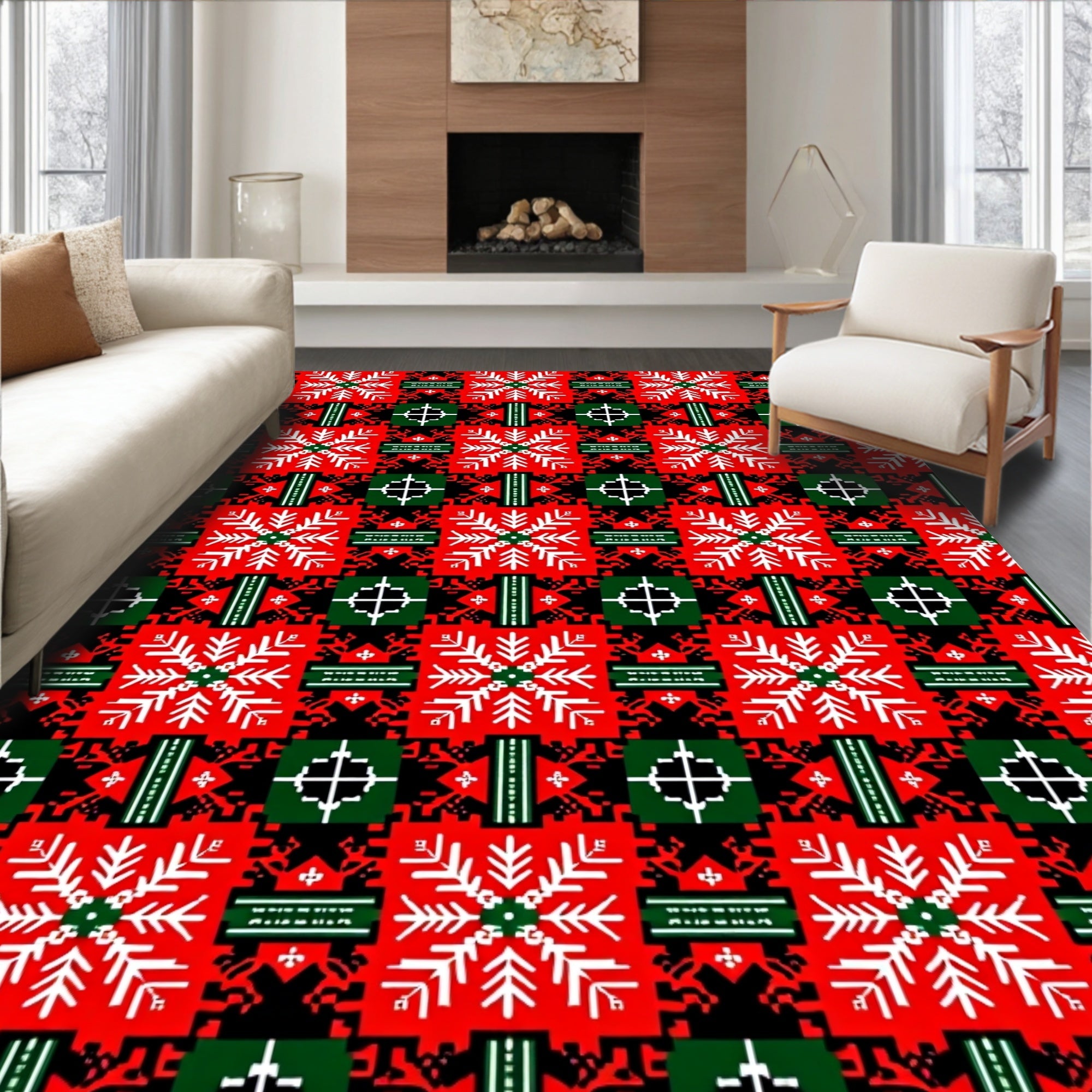 Bold Red White Geometric Snowflake Rug