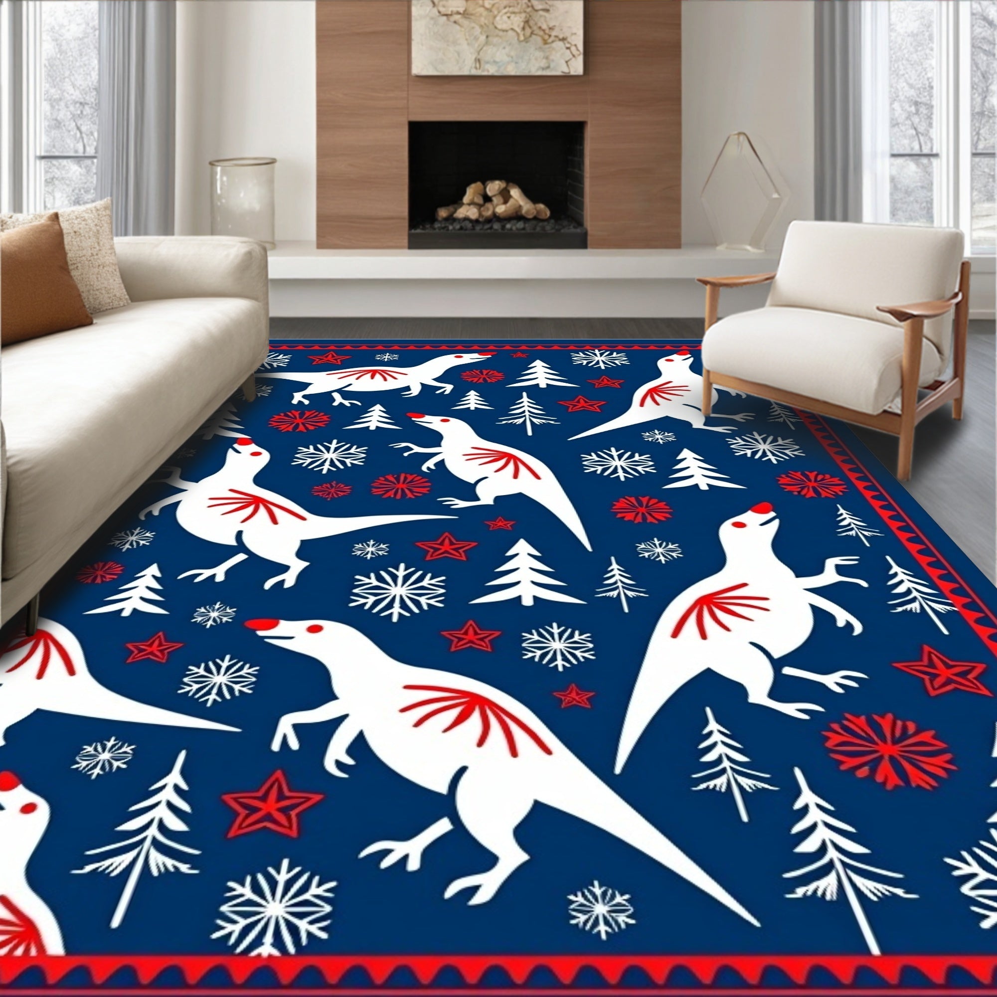 White Dinosaurs In Snowy Forest Rug