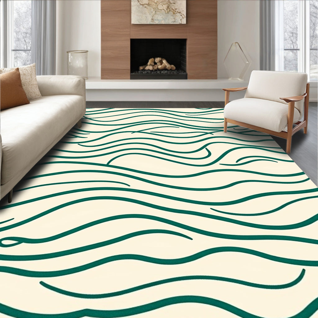 Teal Wavy Cream Abstract Rug