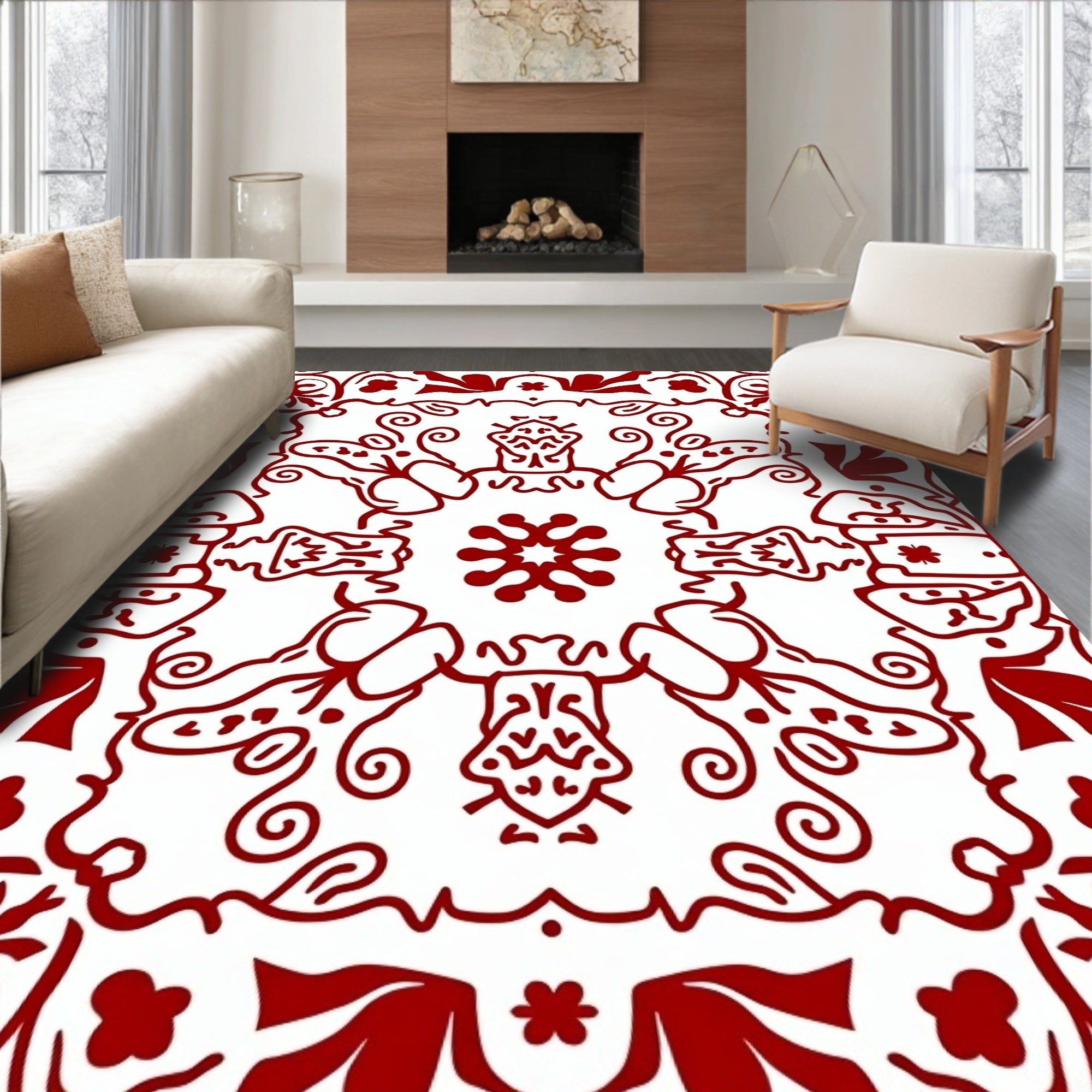 Crimson Floral Medallion Scroll Rug
