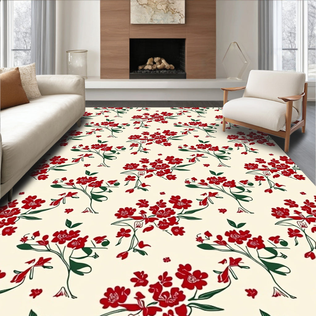 Crimson Floral Branch Background Rug