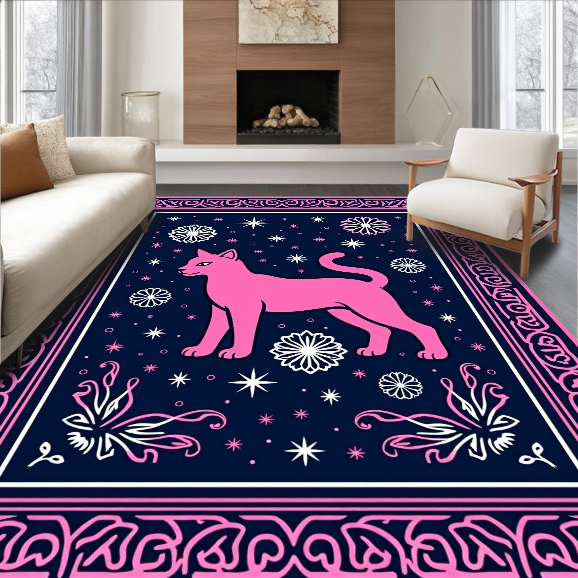 Pink Cat Navy Starry Night Floral Rug