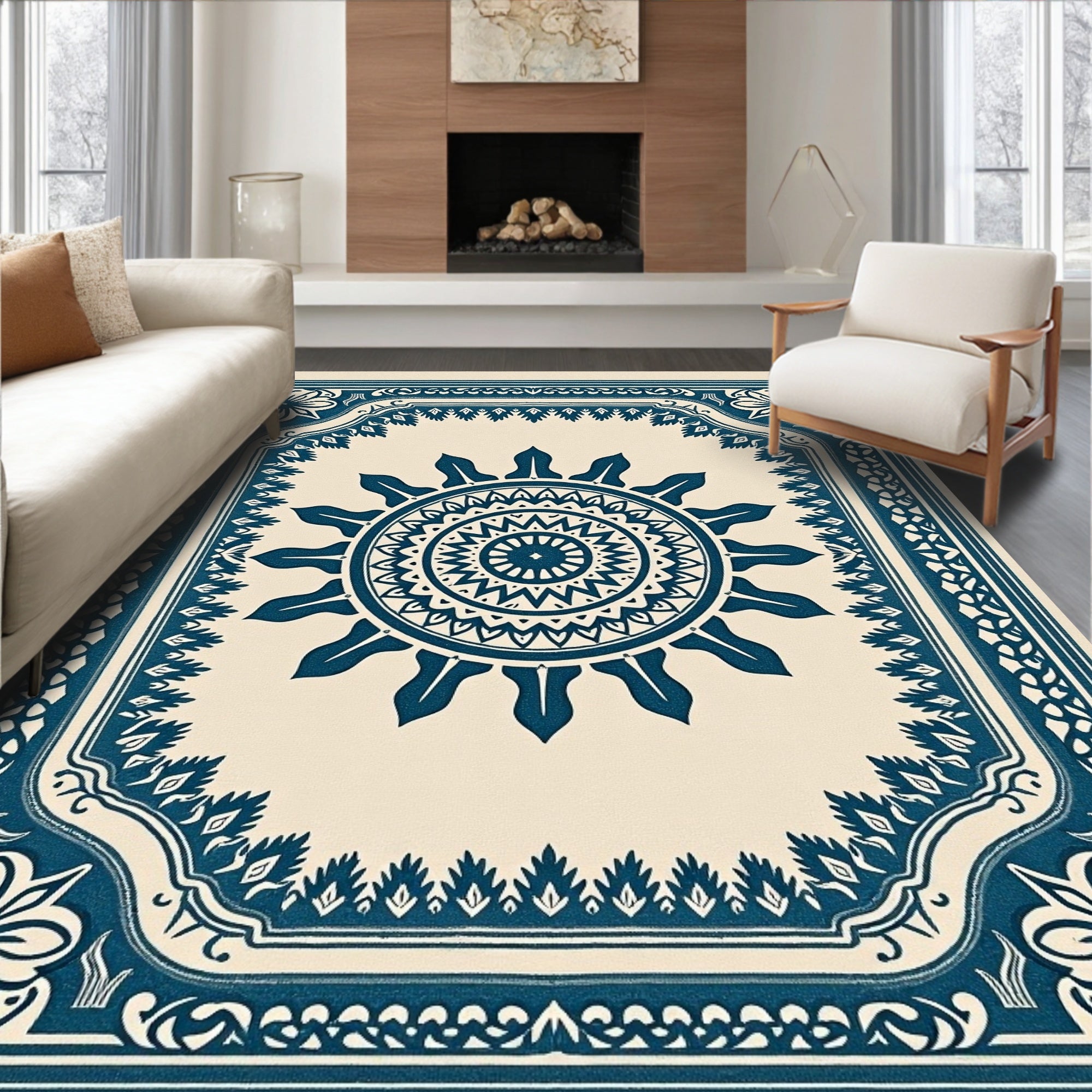 Deep Blue Sunburst Mandala Frame Rug