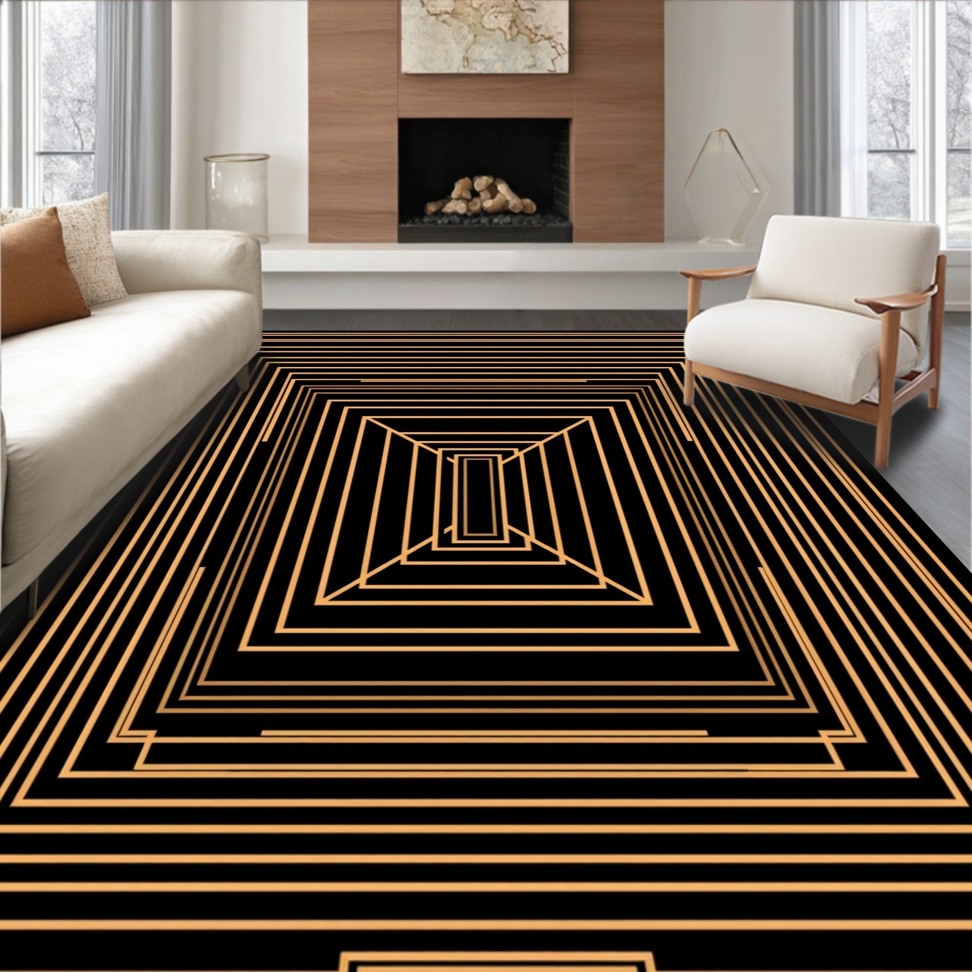 Modern Geometric Gold Tunnel Rug