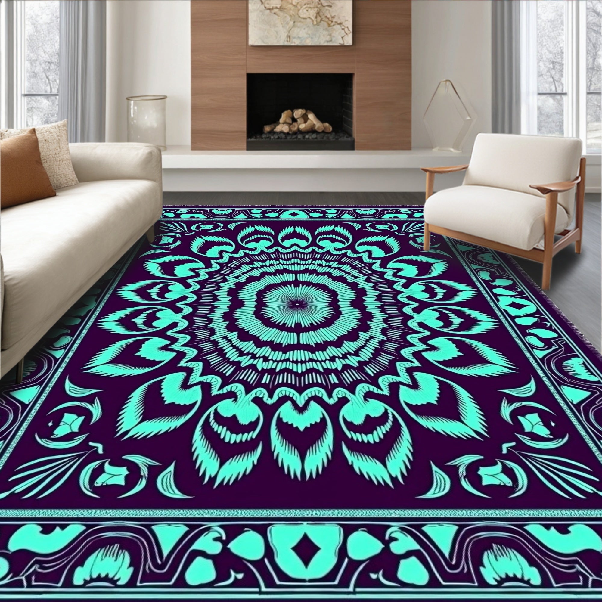 Plum Teal Mandala Floral Medallion Rug