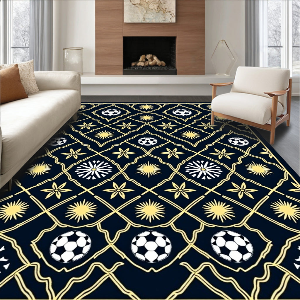 Navy Gold Soccer Balls Starbursts Floral Rug