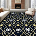 Navy Gold Soccer Balls Starbursts Floral Rug