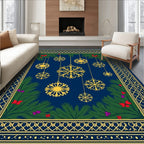 Festive Golden Snowflake Navy Christmas Rug