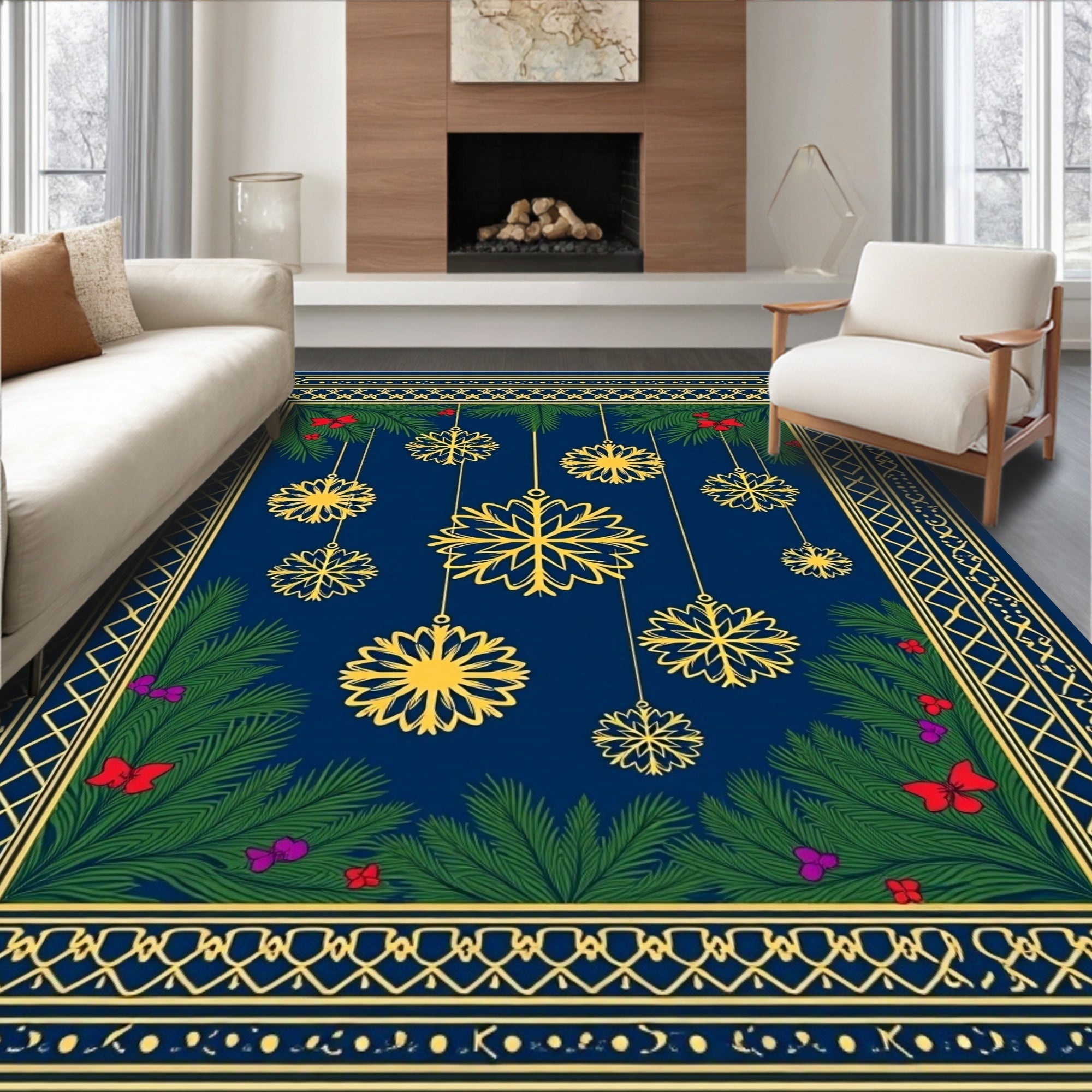 Festive Golden Snowflake Navy Christmas Rug