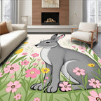 Whimsical Gray Rabbit Meadow Garden Rug