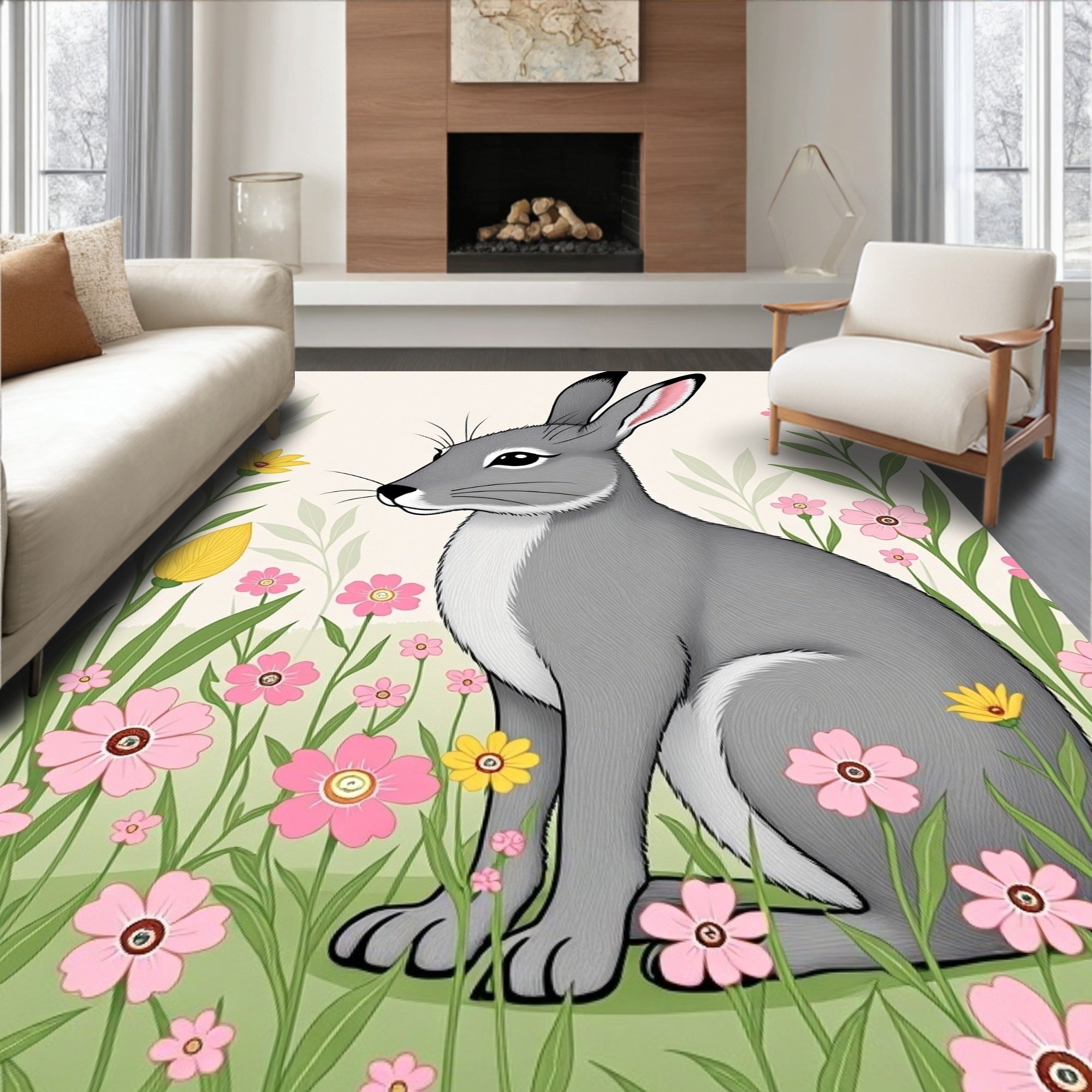 Whimsical Gray Rabbit Meadow Garden Rug