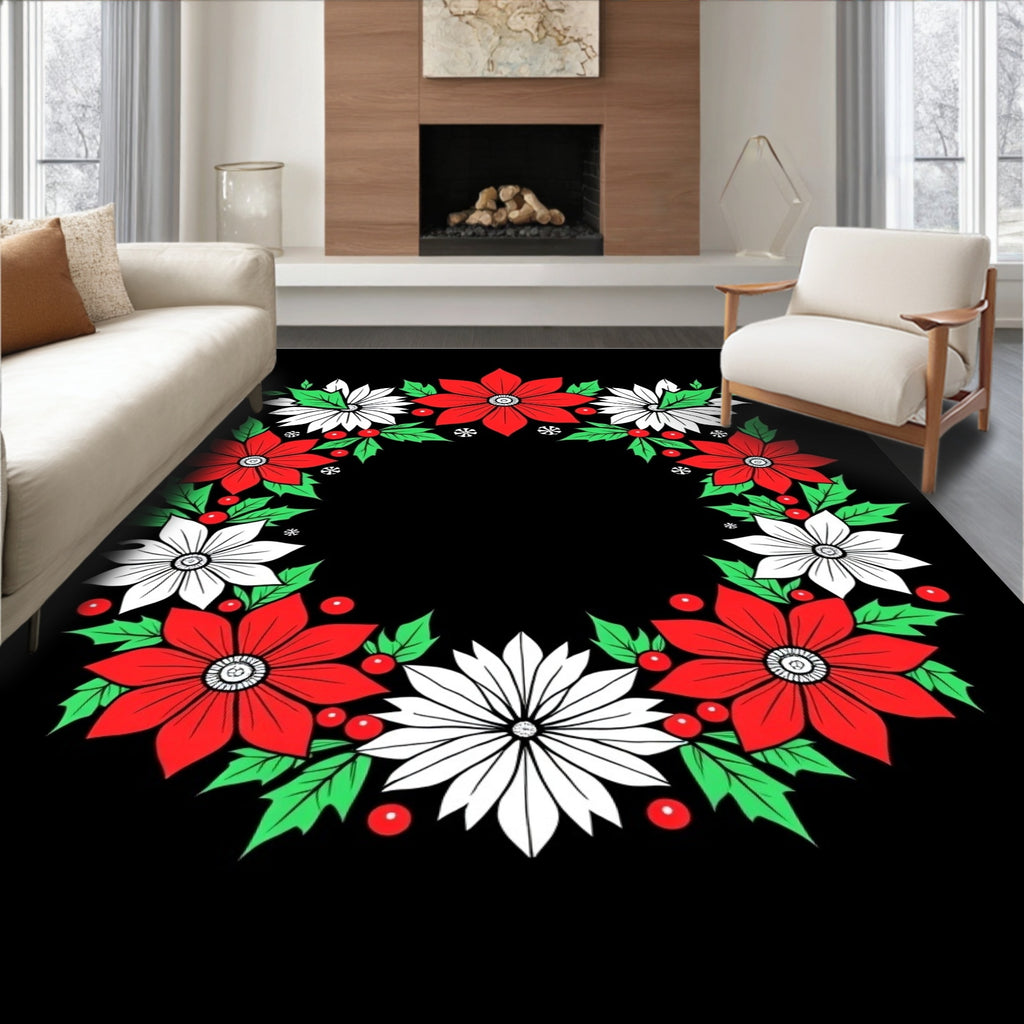 Festive Red White Floral Wreath Christmas Rug