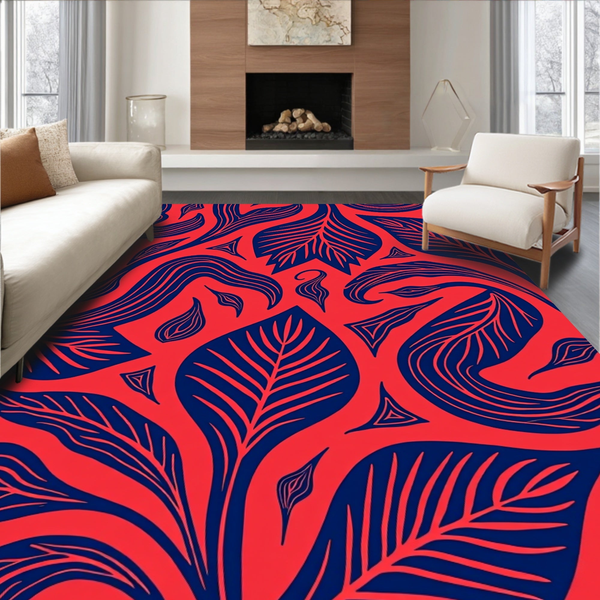 Coral Blue Organic Leaf Flow Rug