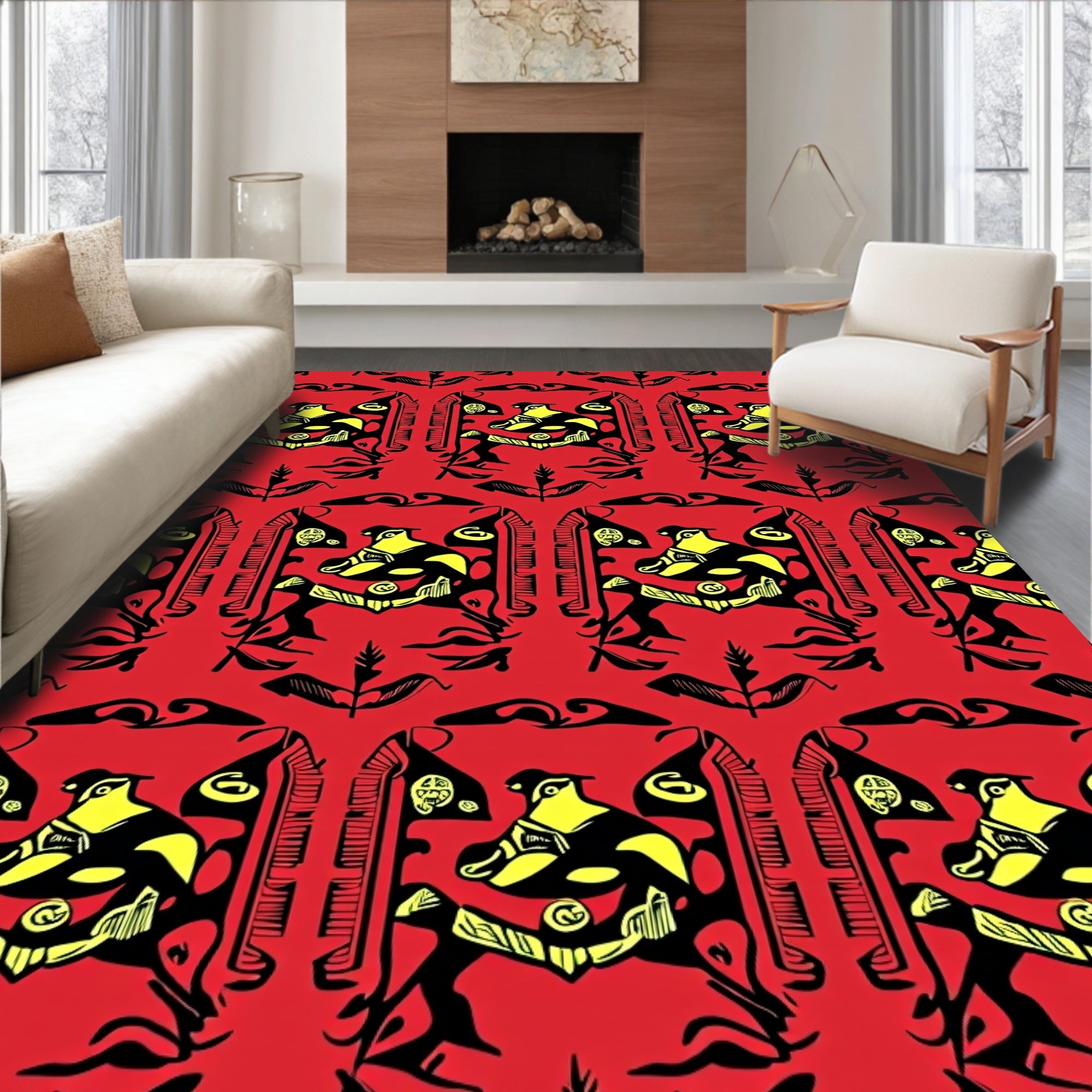 Bold Red Yellow Bird Geometric Rug