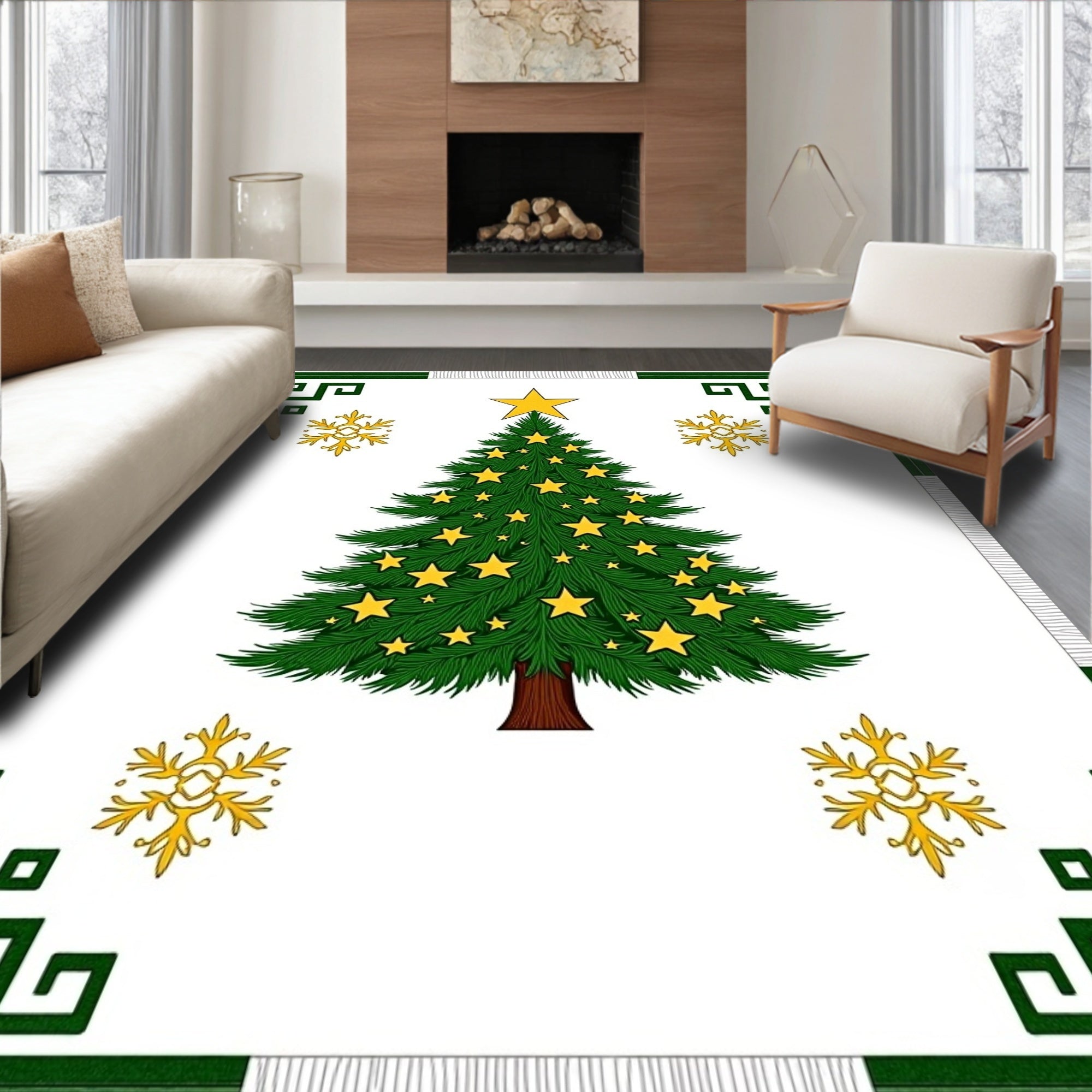 Green Festive Christmas Tree Stars Rug