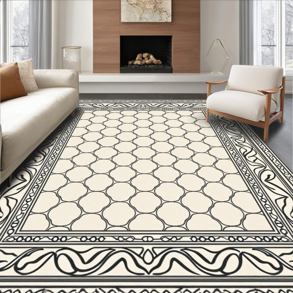 Cream and Black Quatrefoil Border Rug