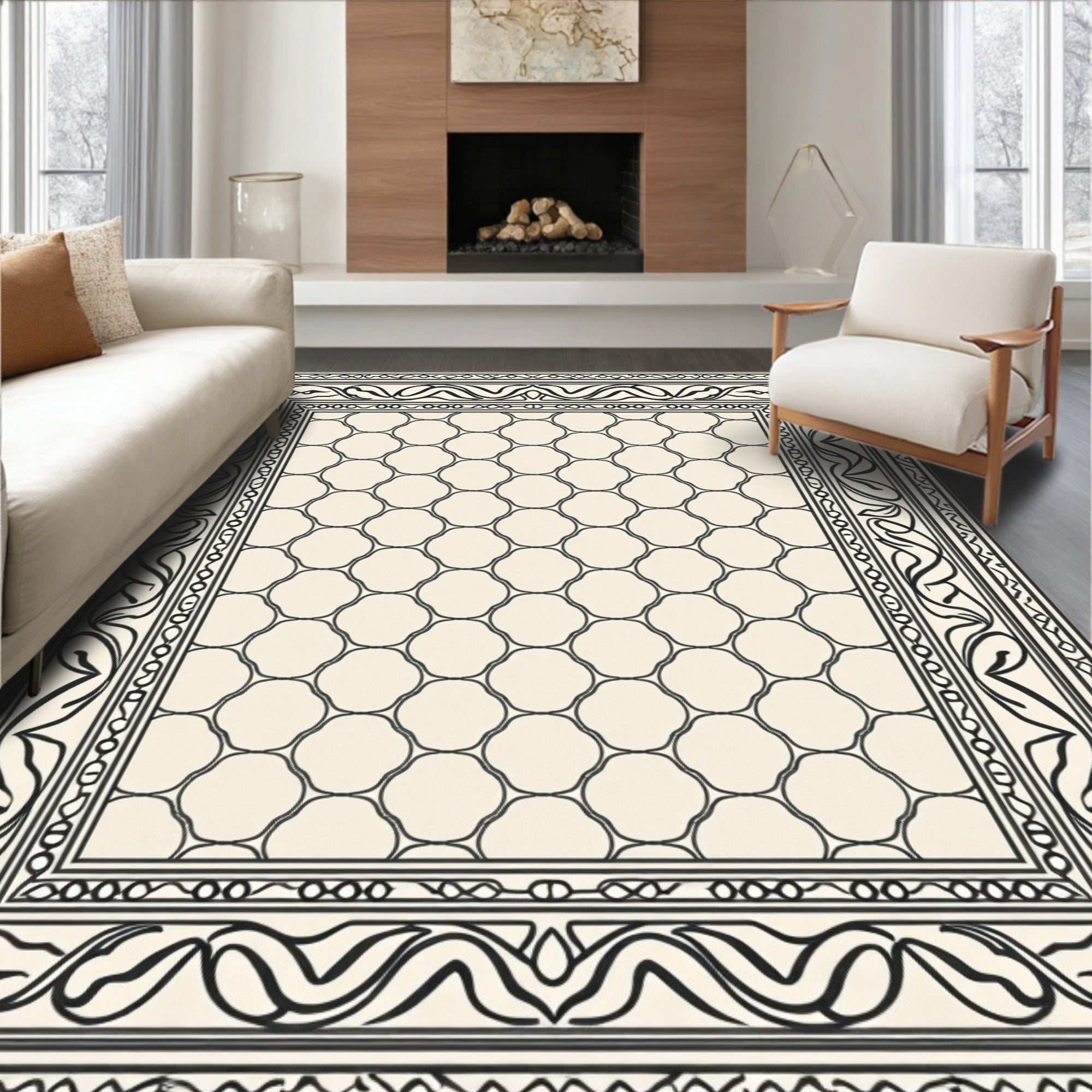 Cream and Black Quatrefoil Border Rug