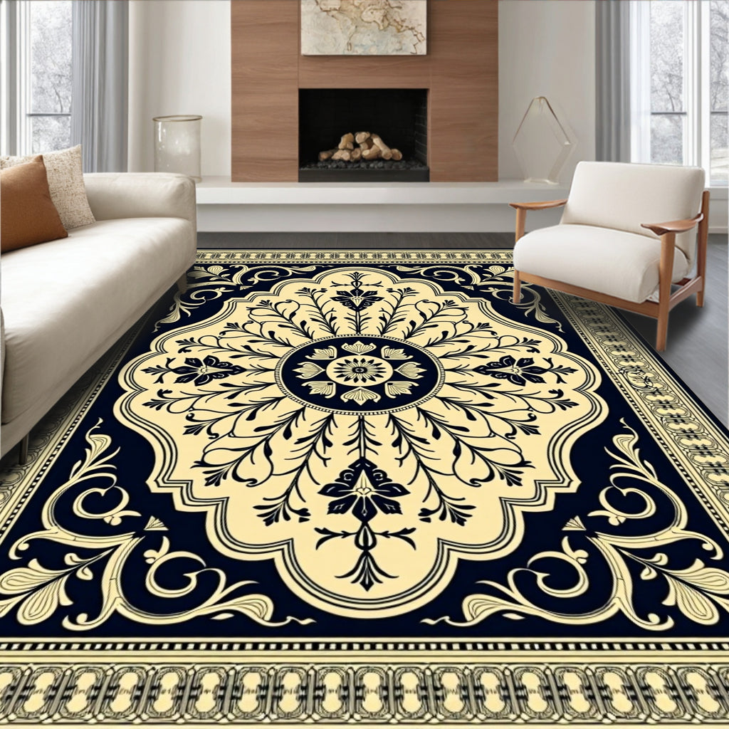 Golden Navy Floral Medallion Rug