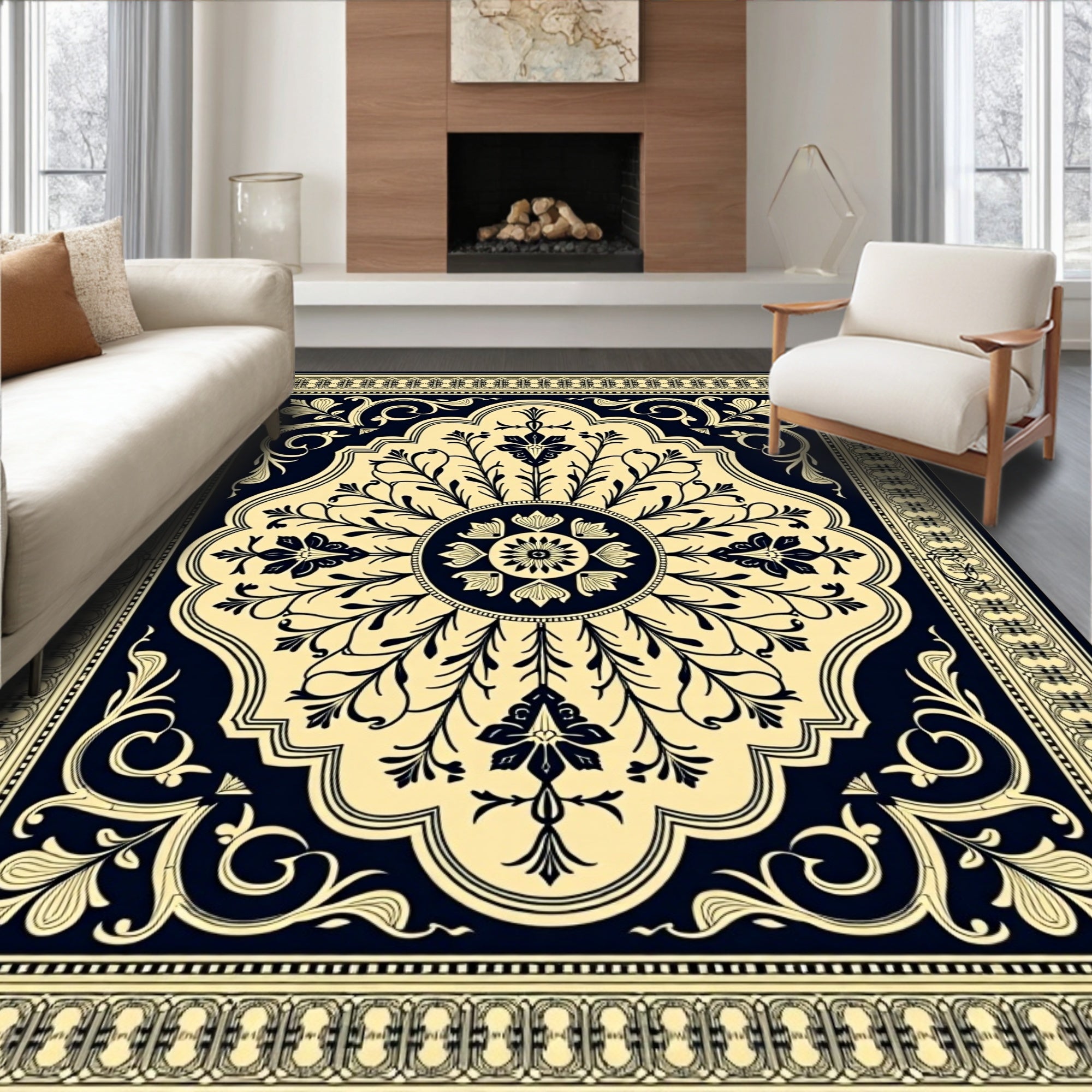 Golden Navy Floral Medallion Rug