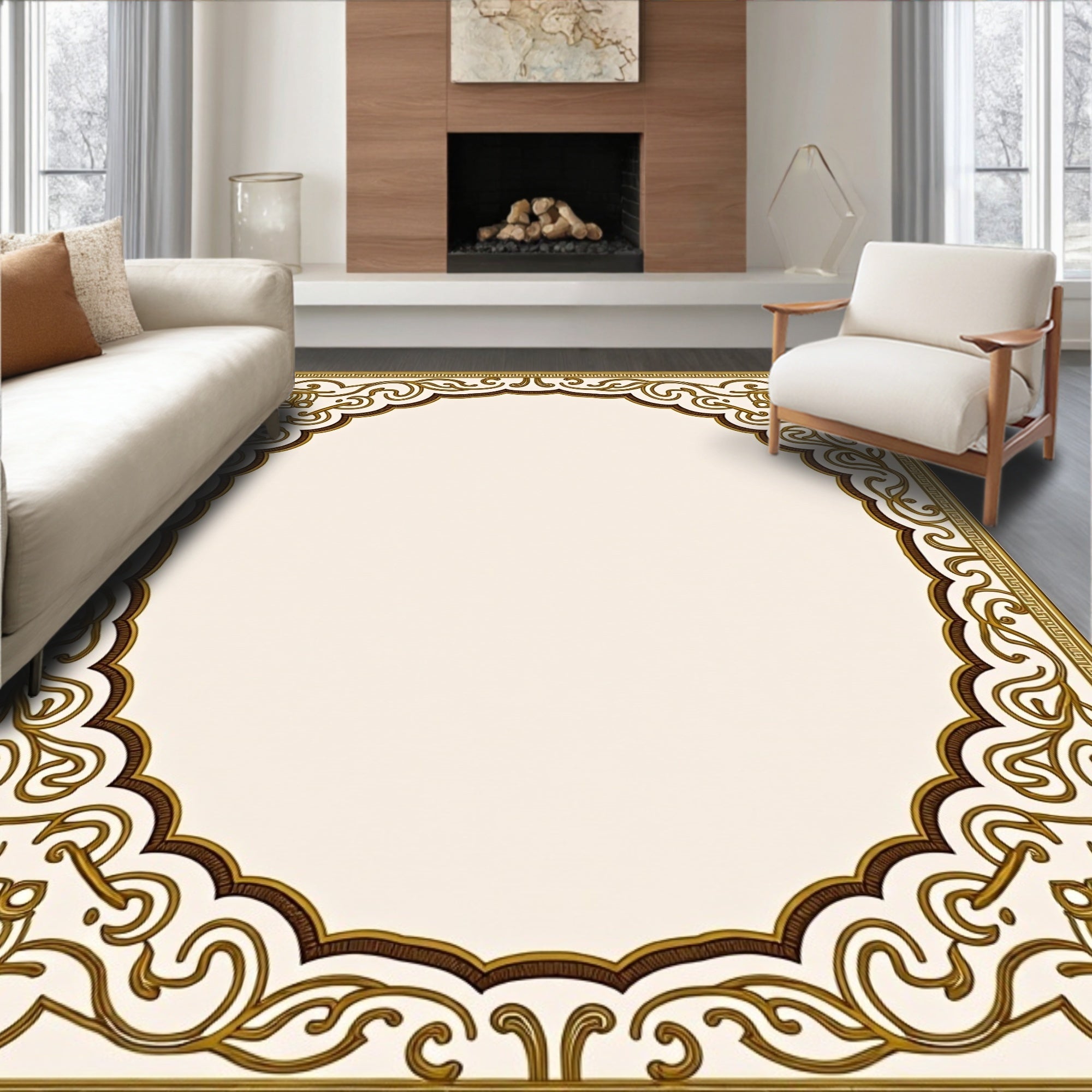 Gold Brown Ornate Scroll Border Rug