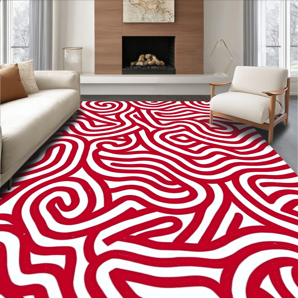 Bold Red Swirl Abstract Lines Rug