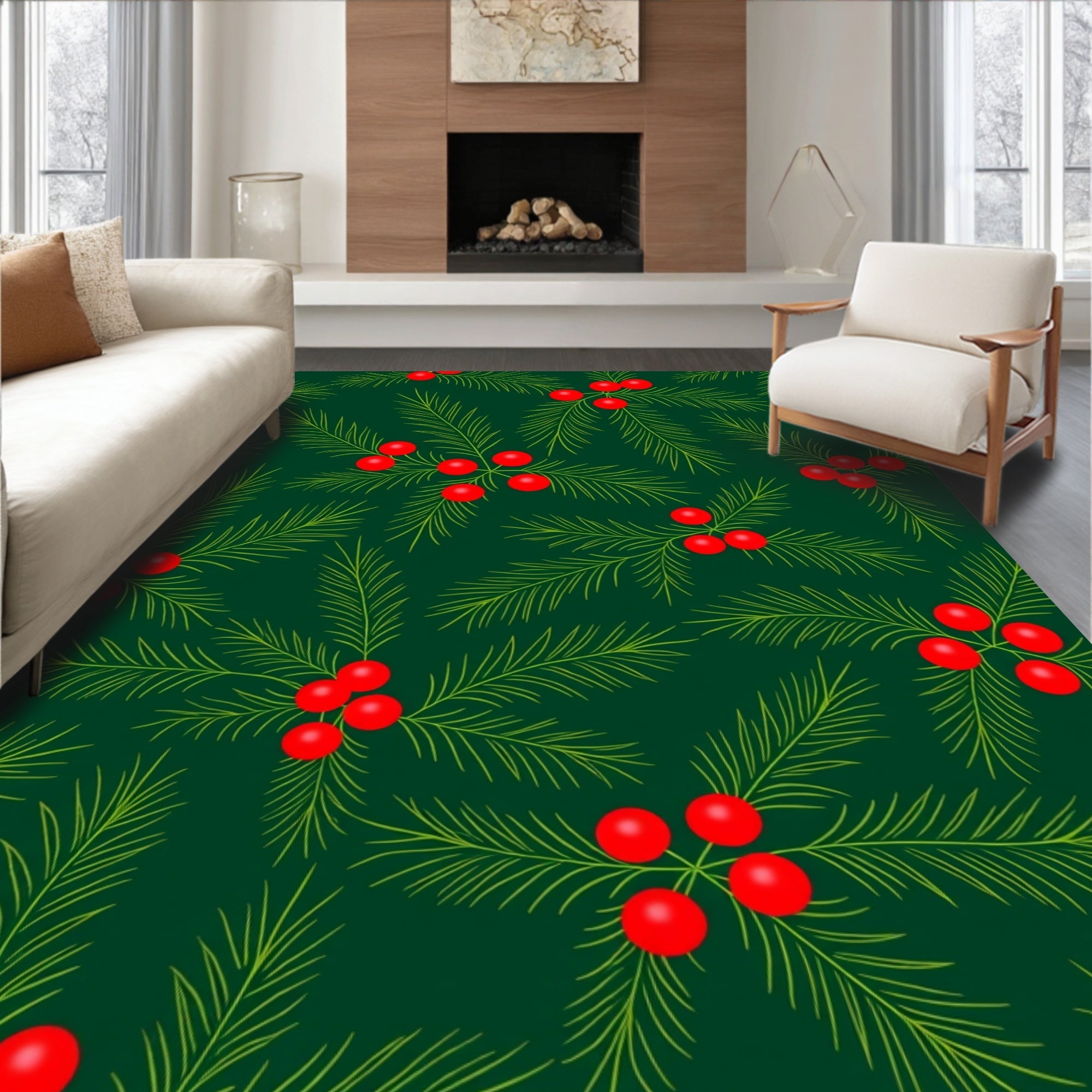 Emerald Green Fir Berry Branches Rug
