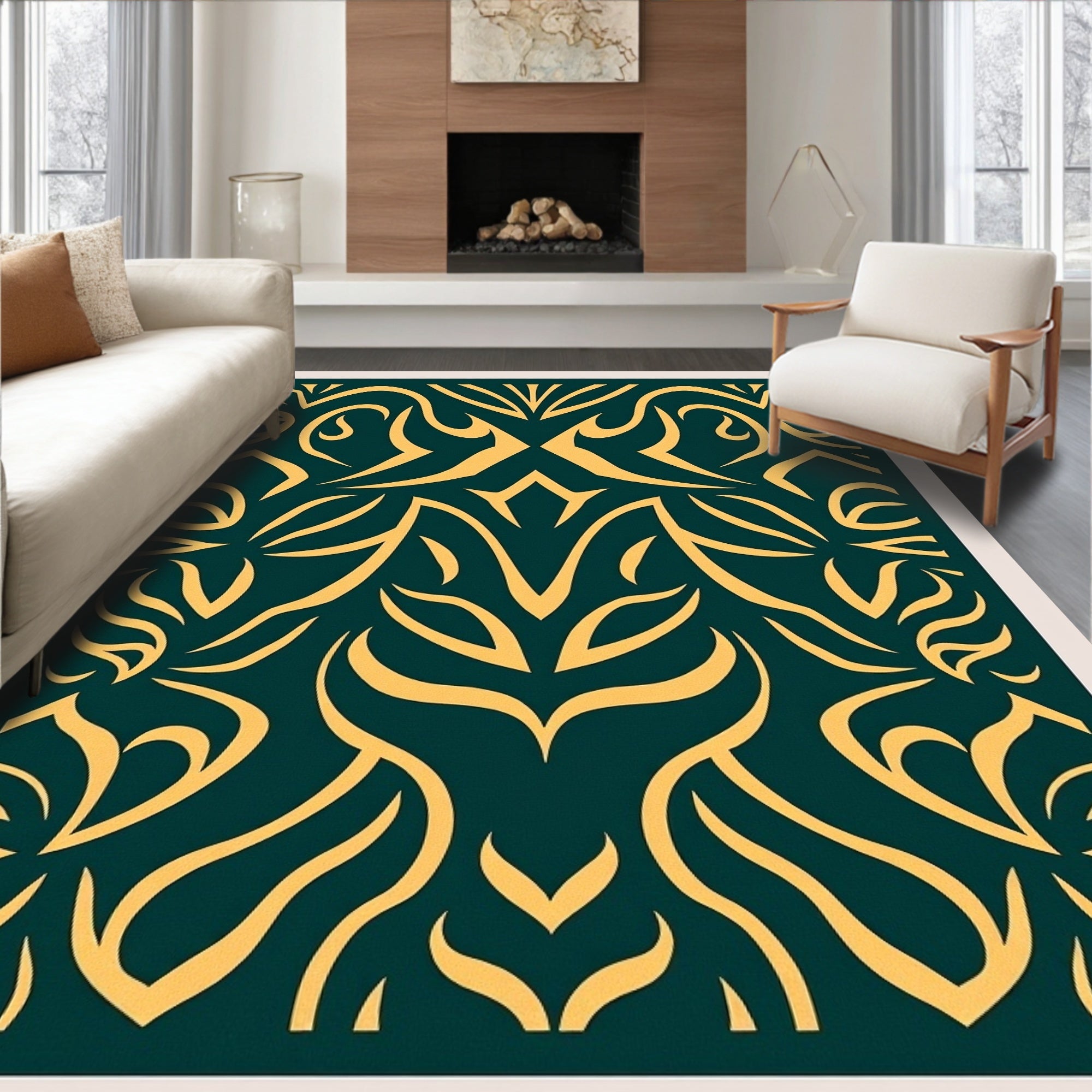 Ochre Swirls on Teal Background Rug