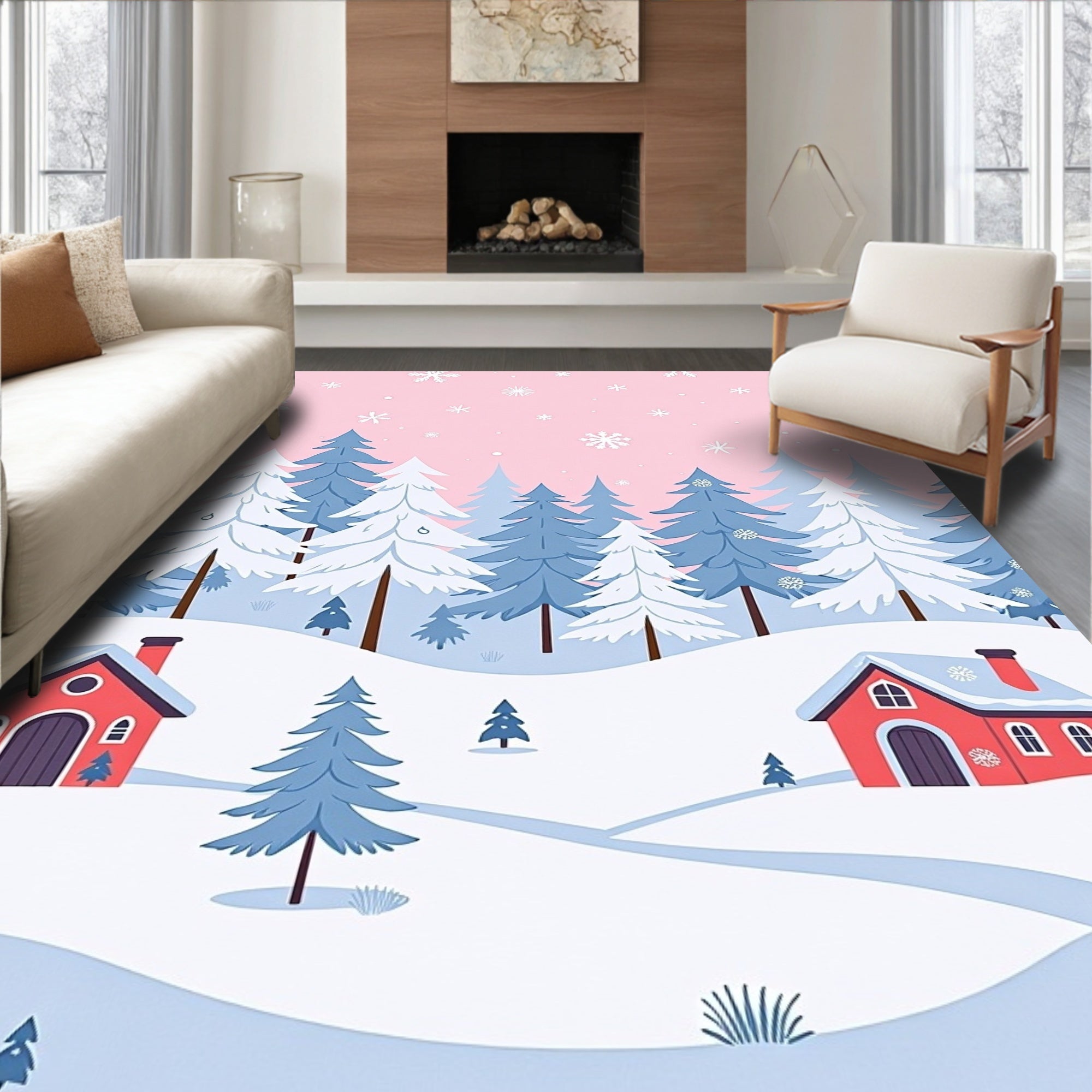 Winter Snowscape Houses And Trees Rug