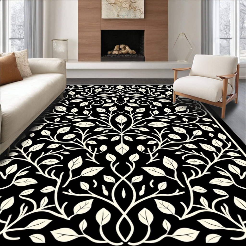 Cream Botanical Swirl on Black Rug