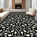 Cream Botanical Swirl on Black Rug