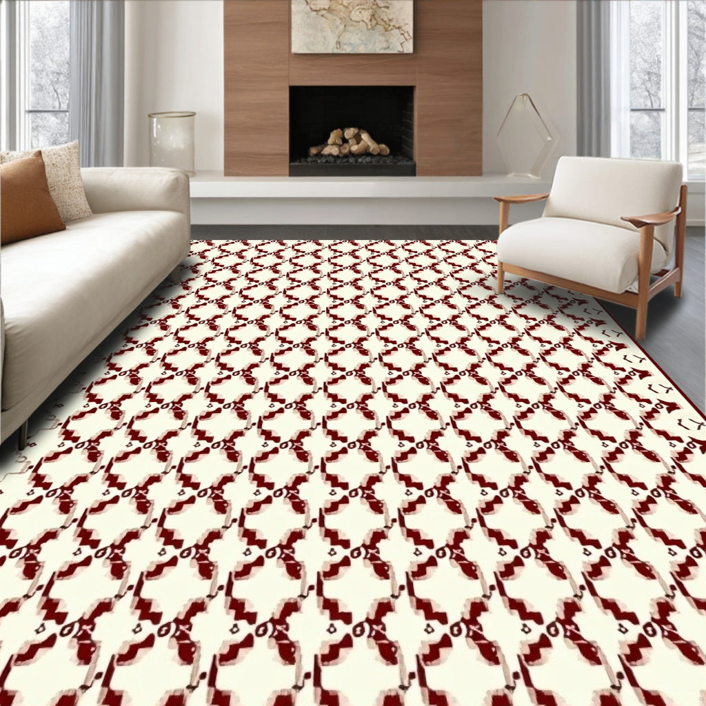 Deep Red Lattice Cream Rug