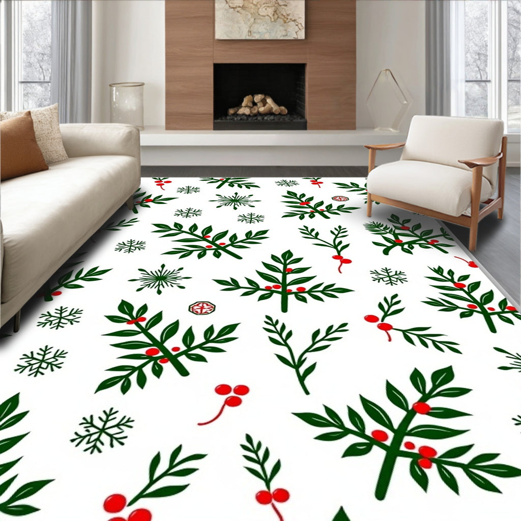 Green Holly Berry Snowflakes Rug