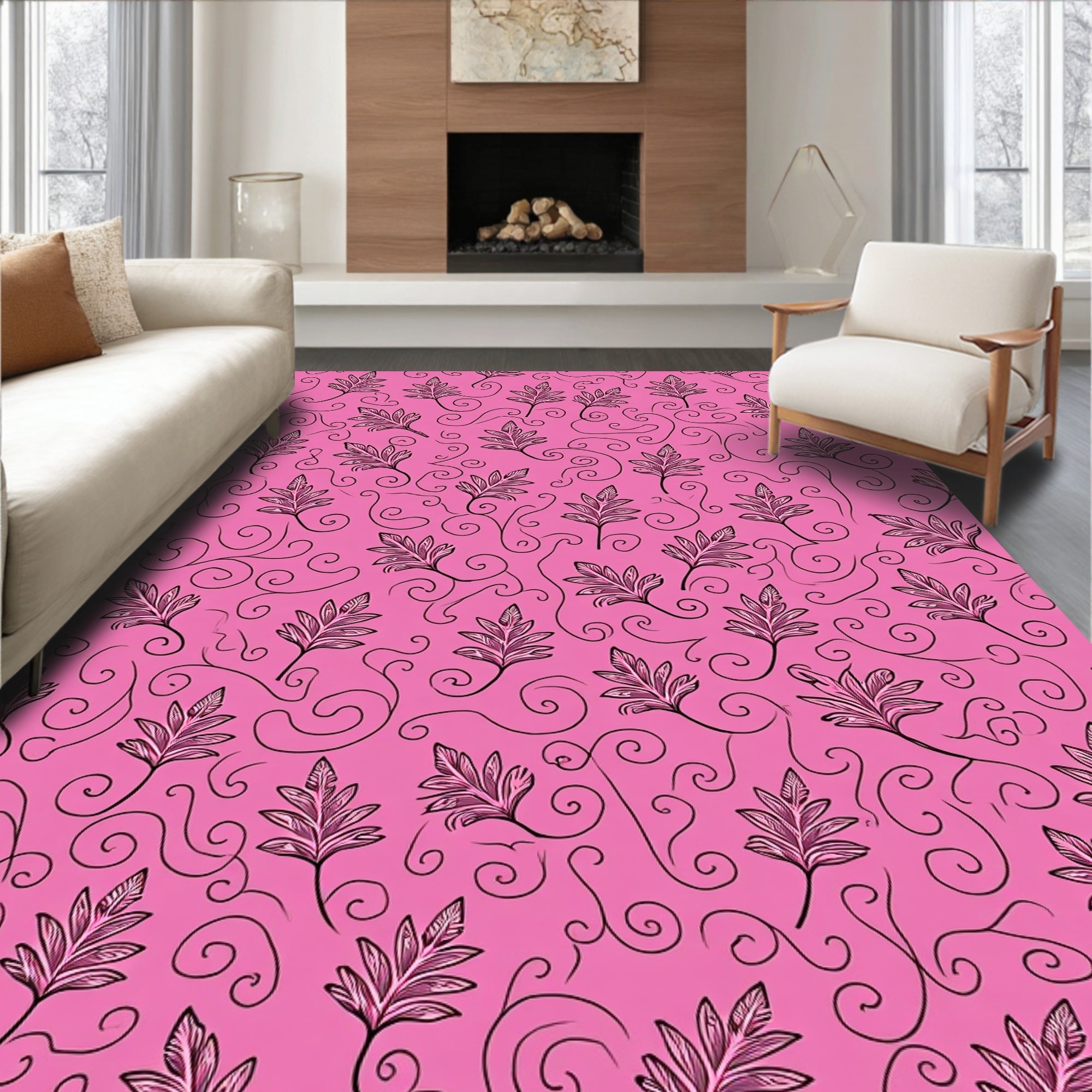 Fuchsia Pink Leafy Swirl Accents Rug