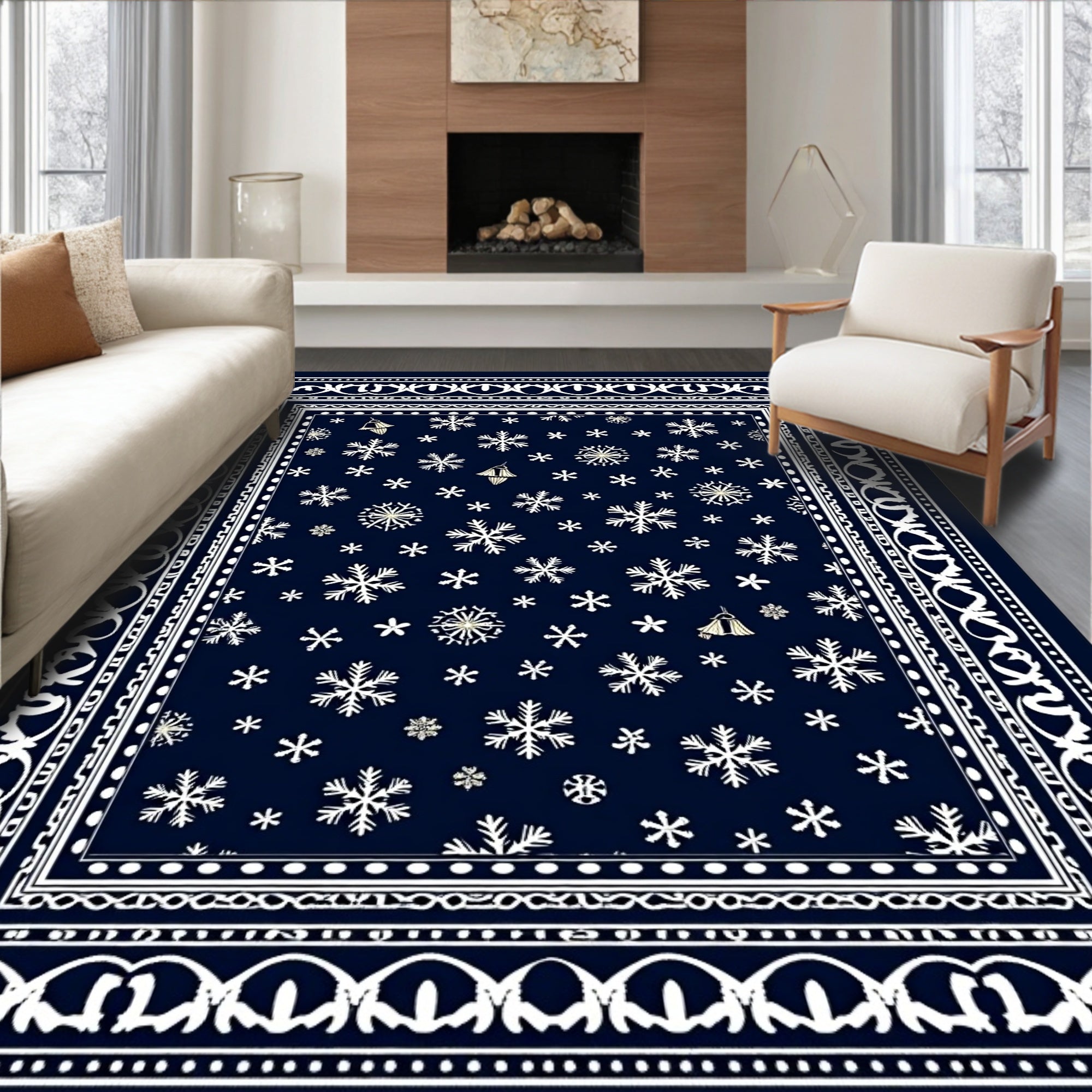 Navy White Snowflake Border Rug
