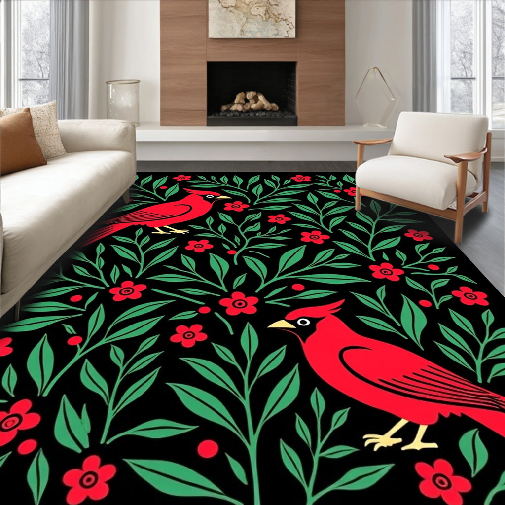 Bold Red Cardinal Floral Nature Rug