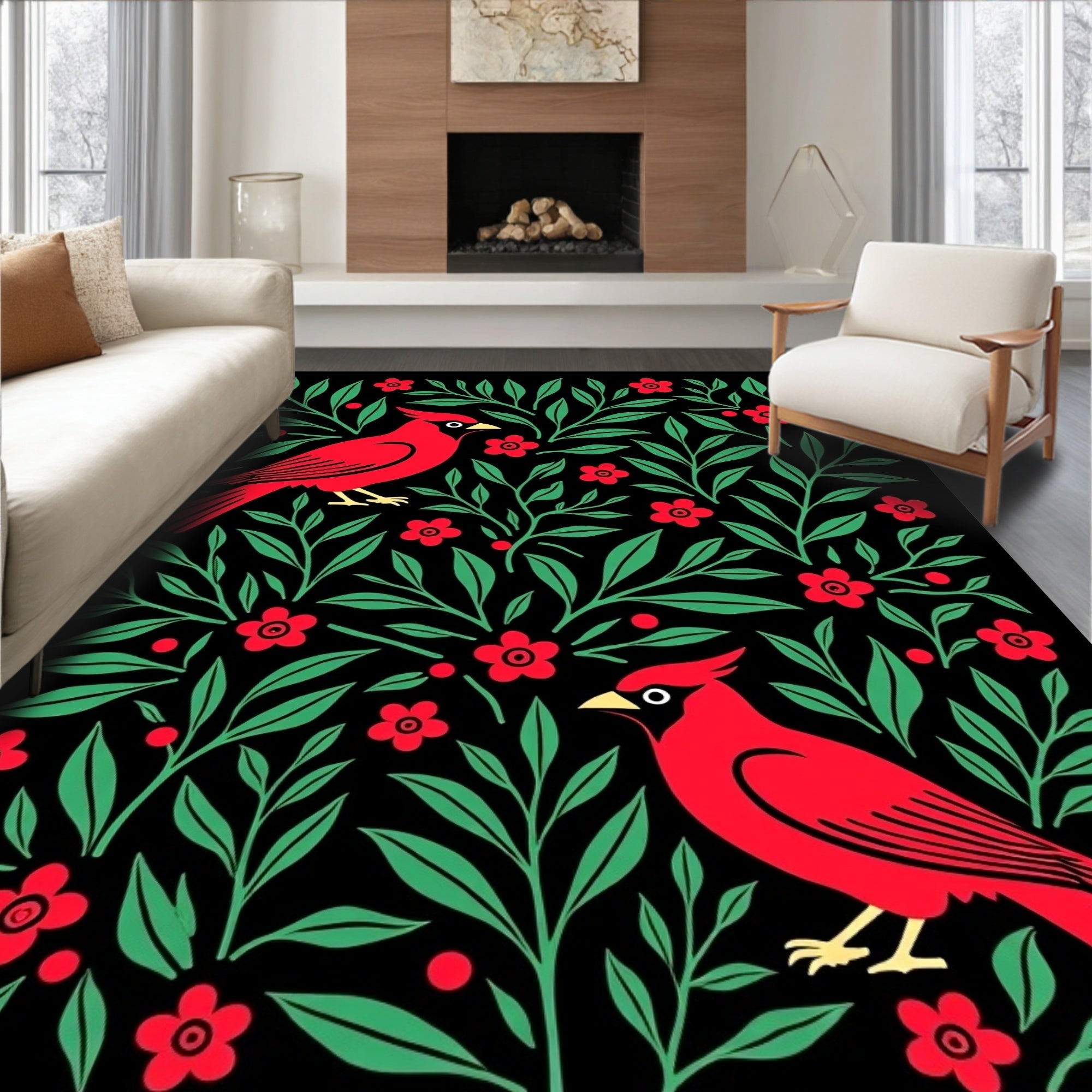Bold Red Cardinal Floral Nature Rug